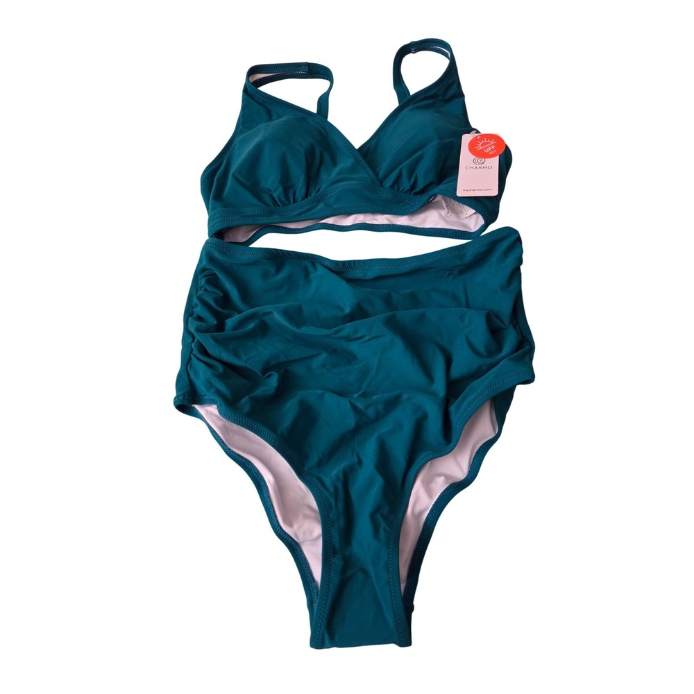 Charmo Womens Teal High Waisted Bikini Set UPF 50+ Ruched Two Piece‎ Swimsuit S